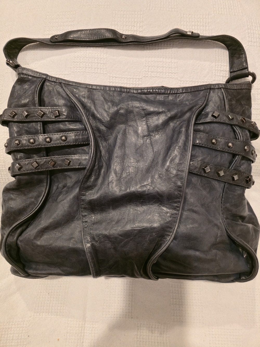 Treesje Black Studded Italian Lambskin Leather Hobo Shoulder Bag